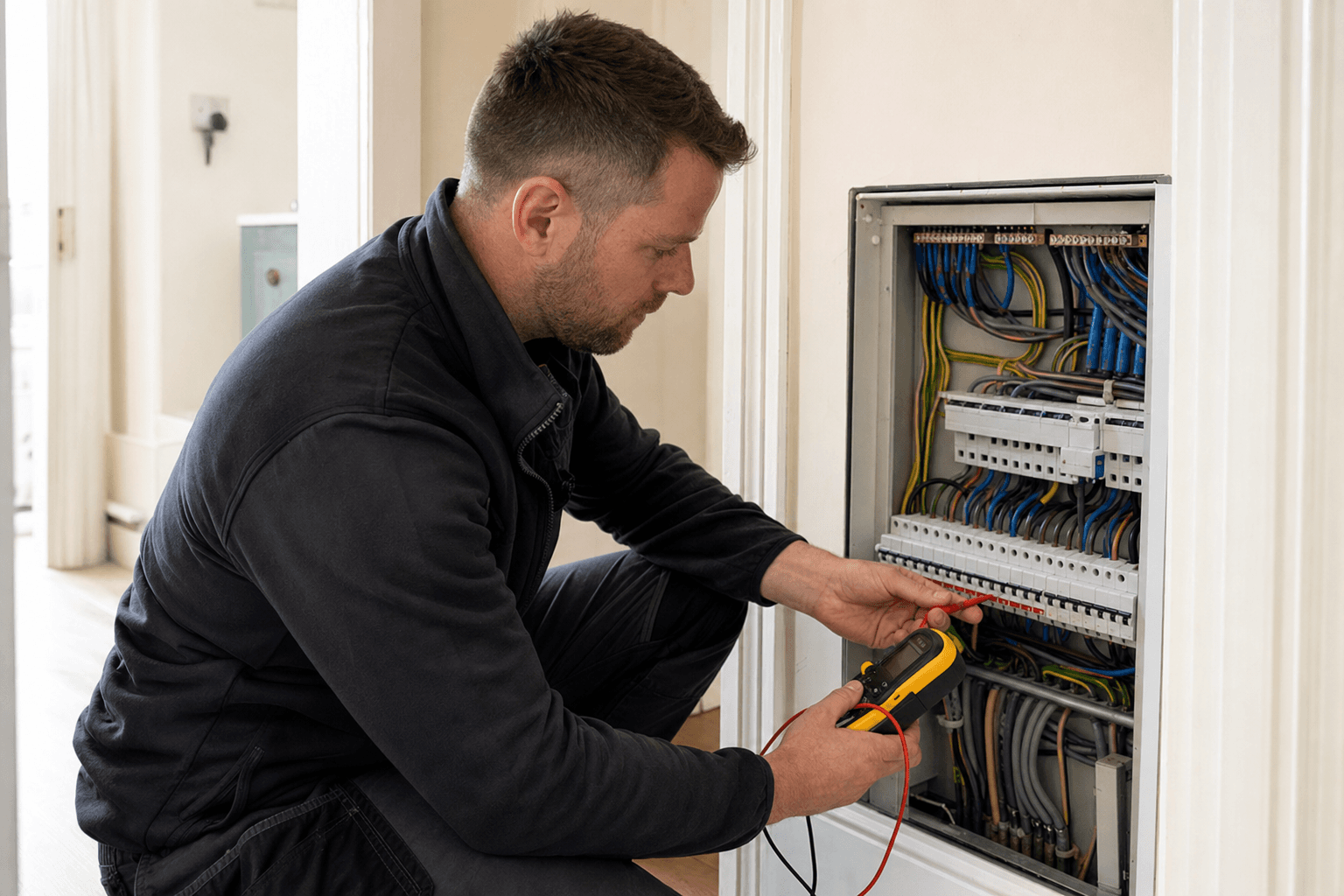 Electrician carrying out a domestic electrical safety inspection