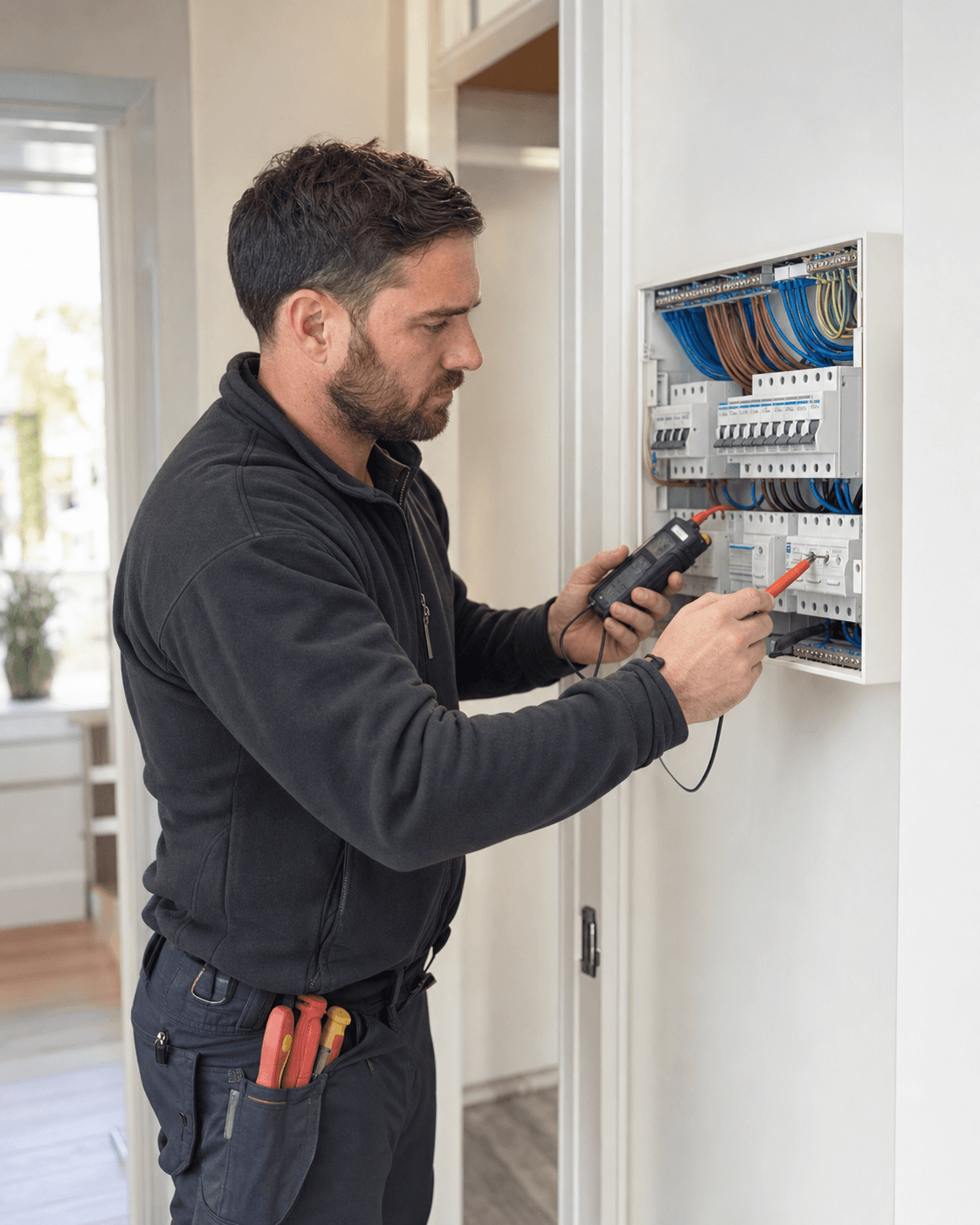 Electrician testing a modern domestic consumer unit