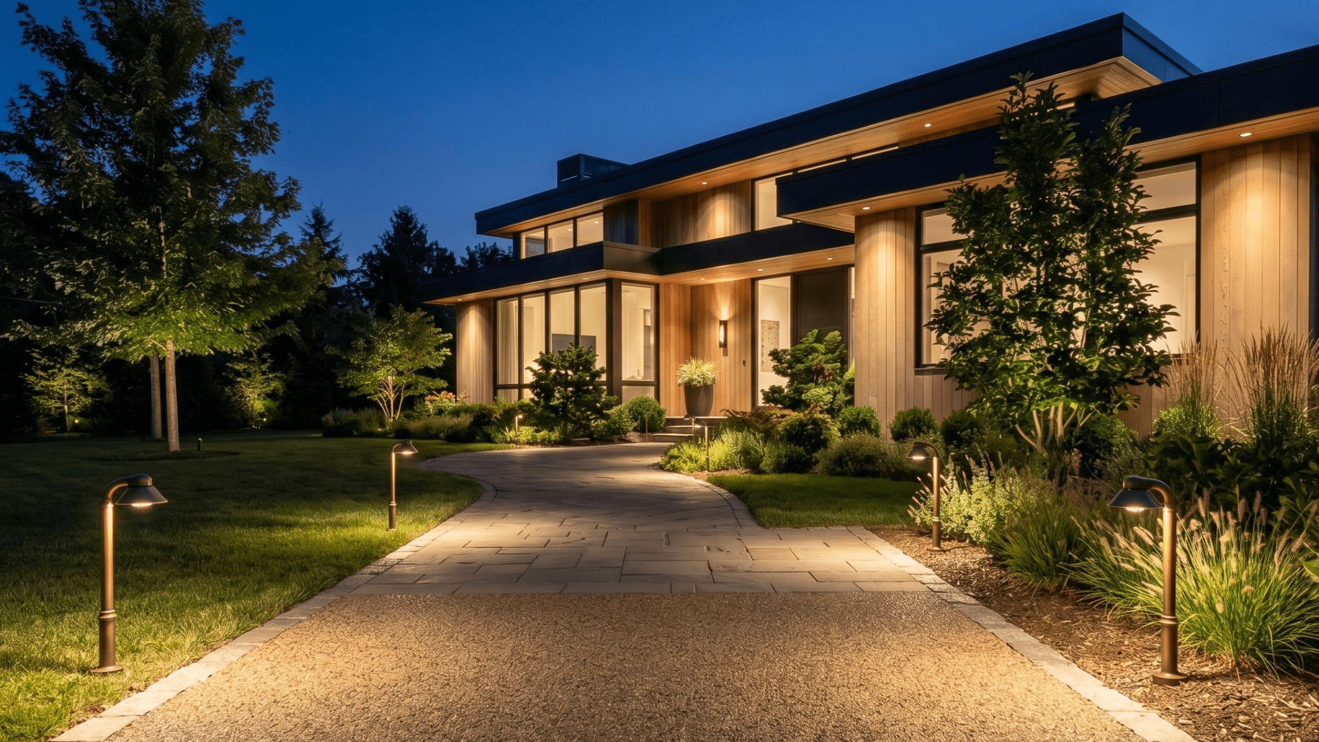 Premium exterior lighting around a home at dusk