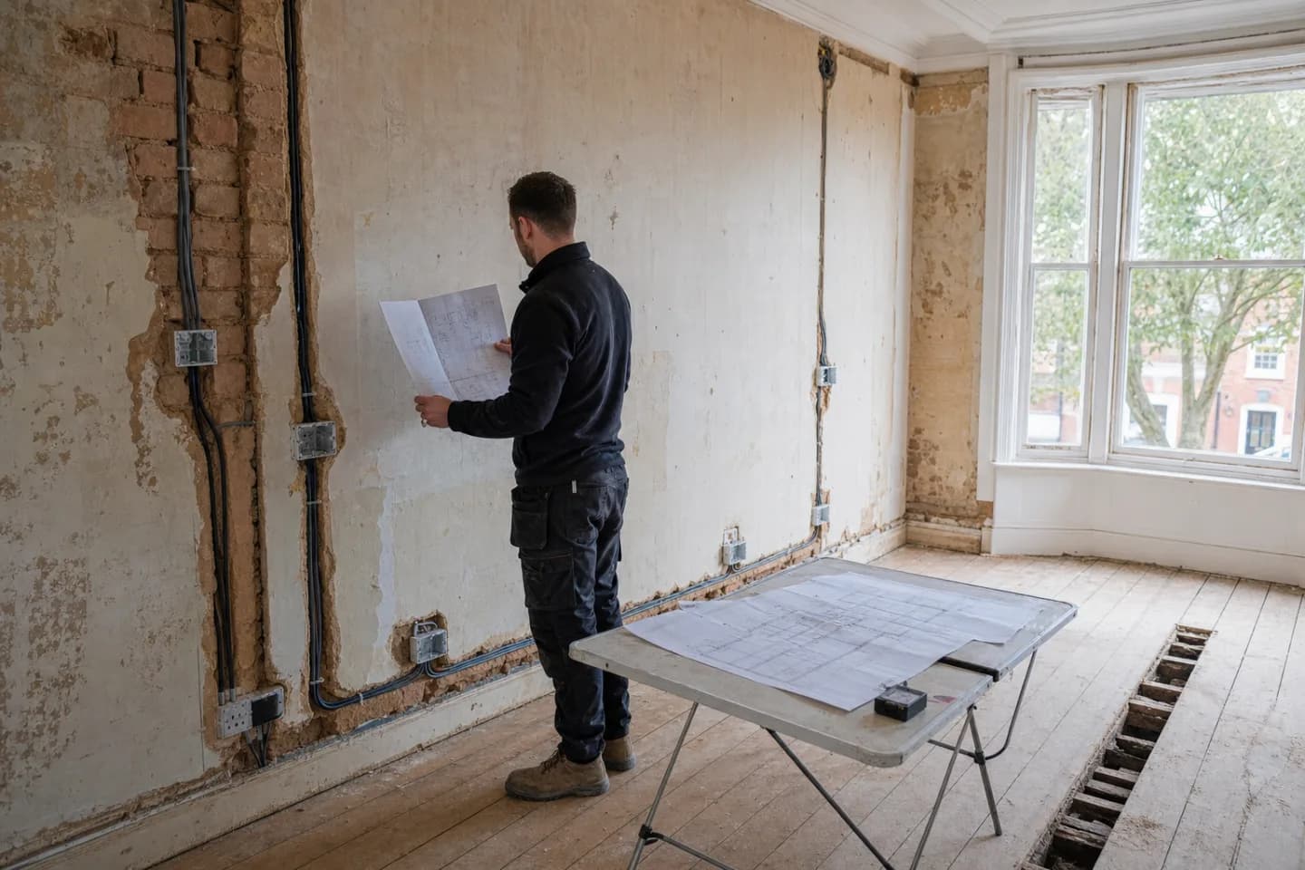 Electrician planning a renovation rewire in an empty Dorset home