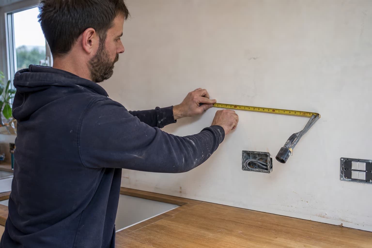 Close electrical detail relevant to electrical work during a kitchen renovation