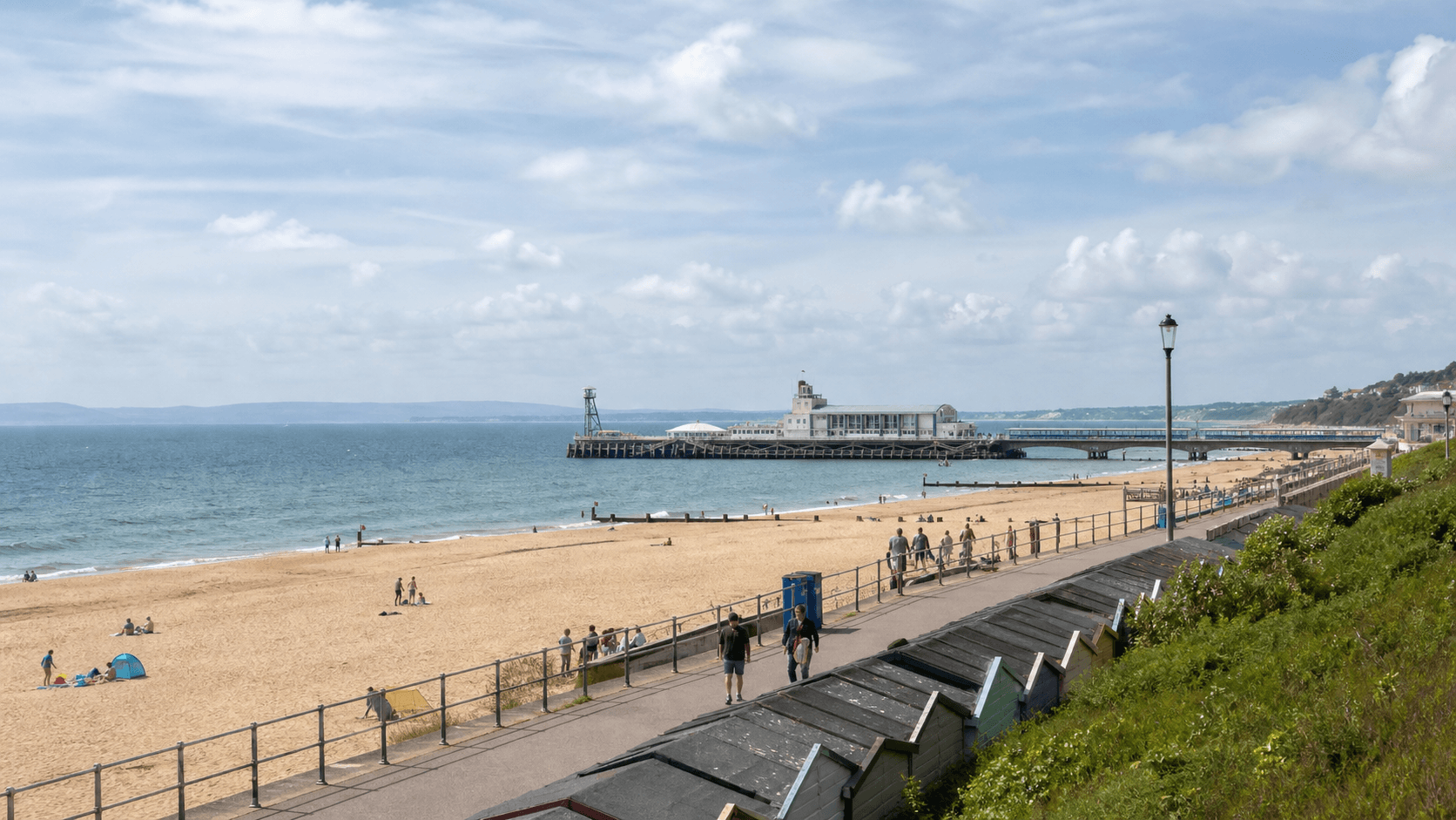 Bournemouth seafront, beach and pier on an ordinary coastal day