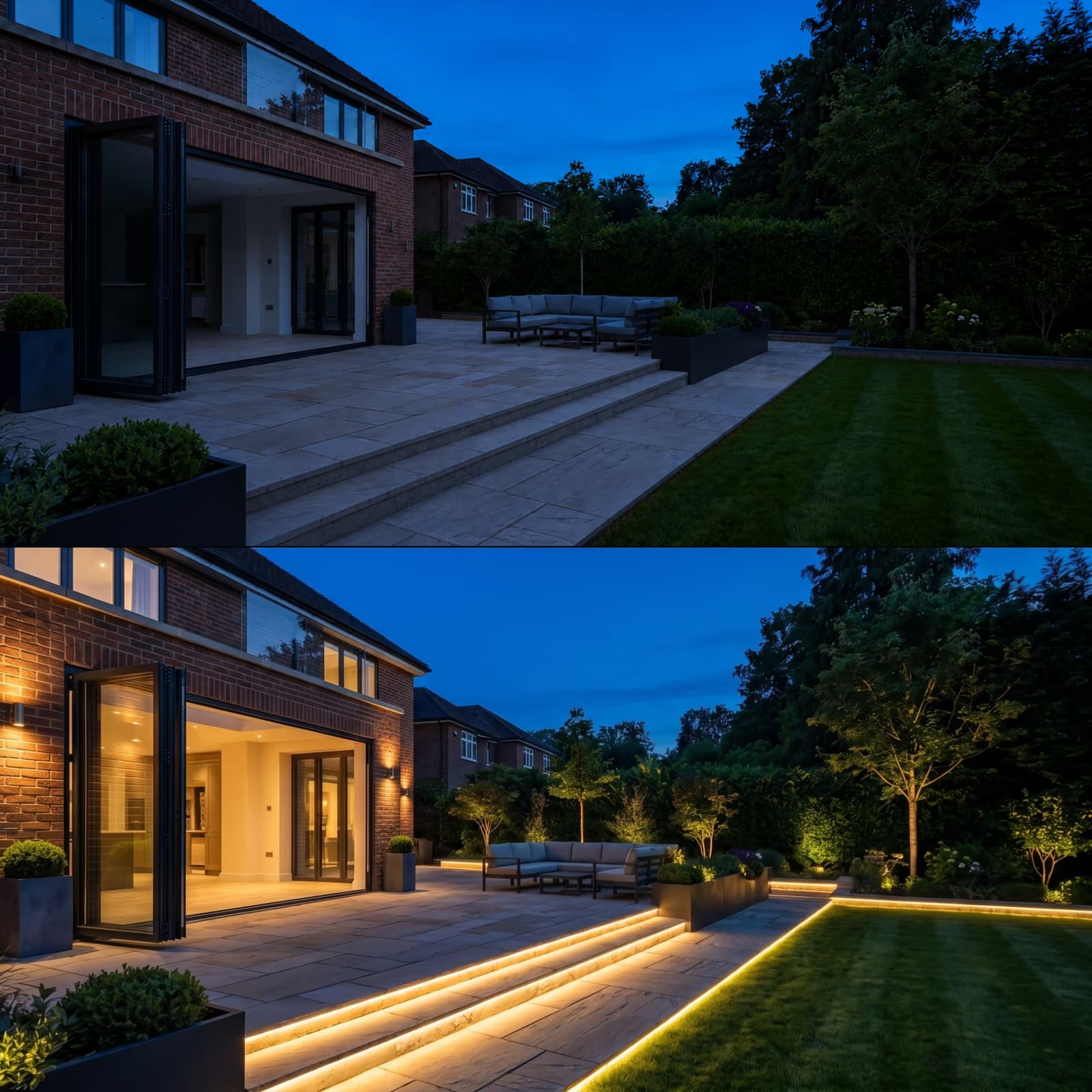 Before and after exterior lighting in Sandbanks showing a dark patio transformed with warm garden and step lighting