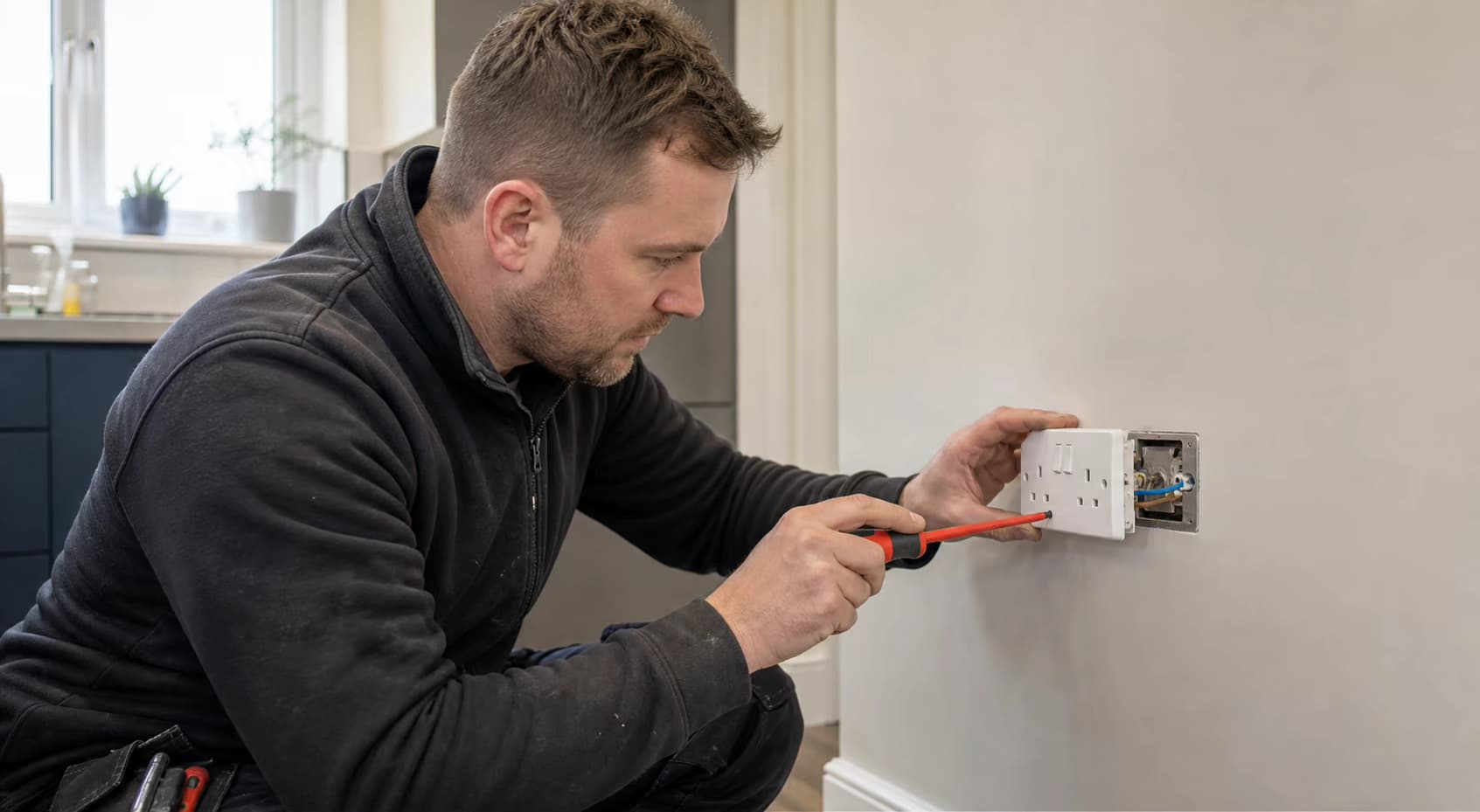 Electrician installing wiring in a modern British property