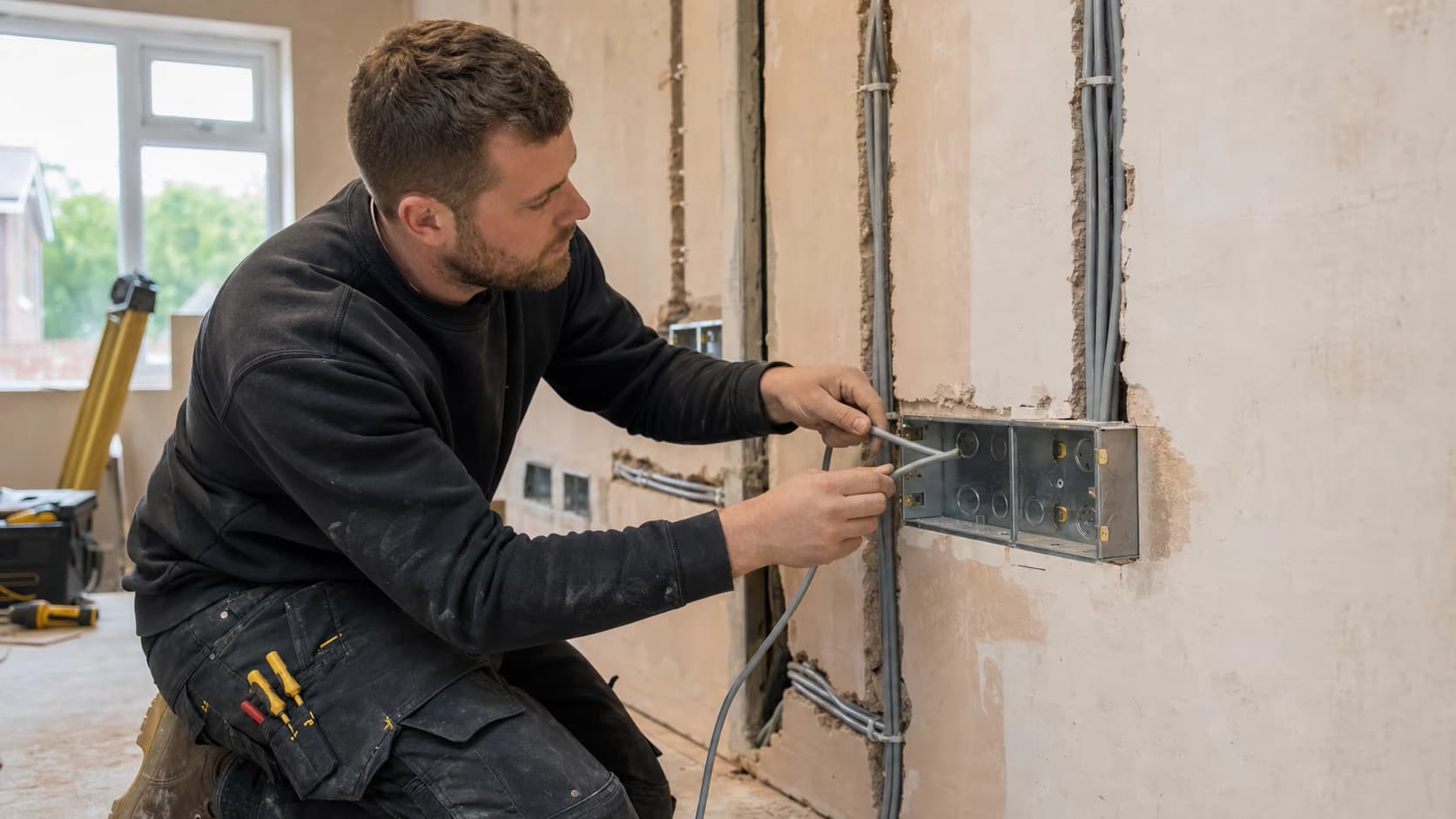 Electrician carrying out first-fix wiring in a British home